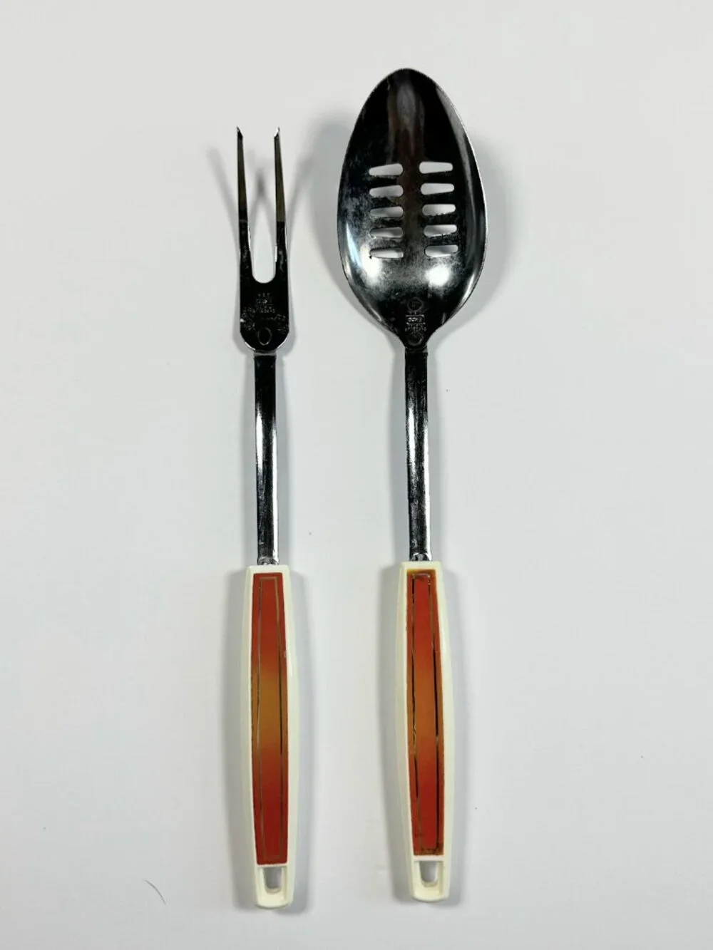 EKCO Chromium Plated Utensil Set Of Two Fork &‎ Slotted Spoon Orange Handles